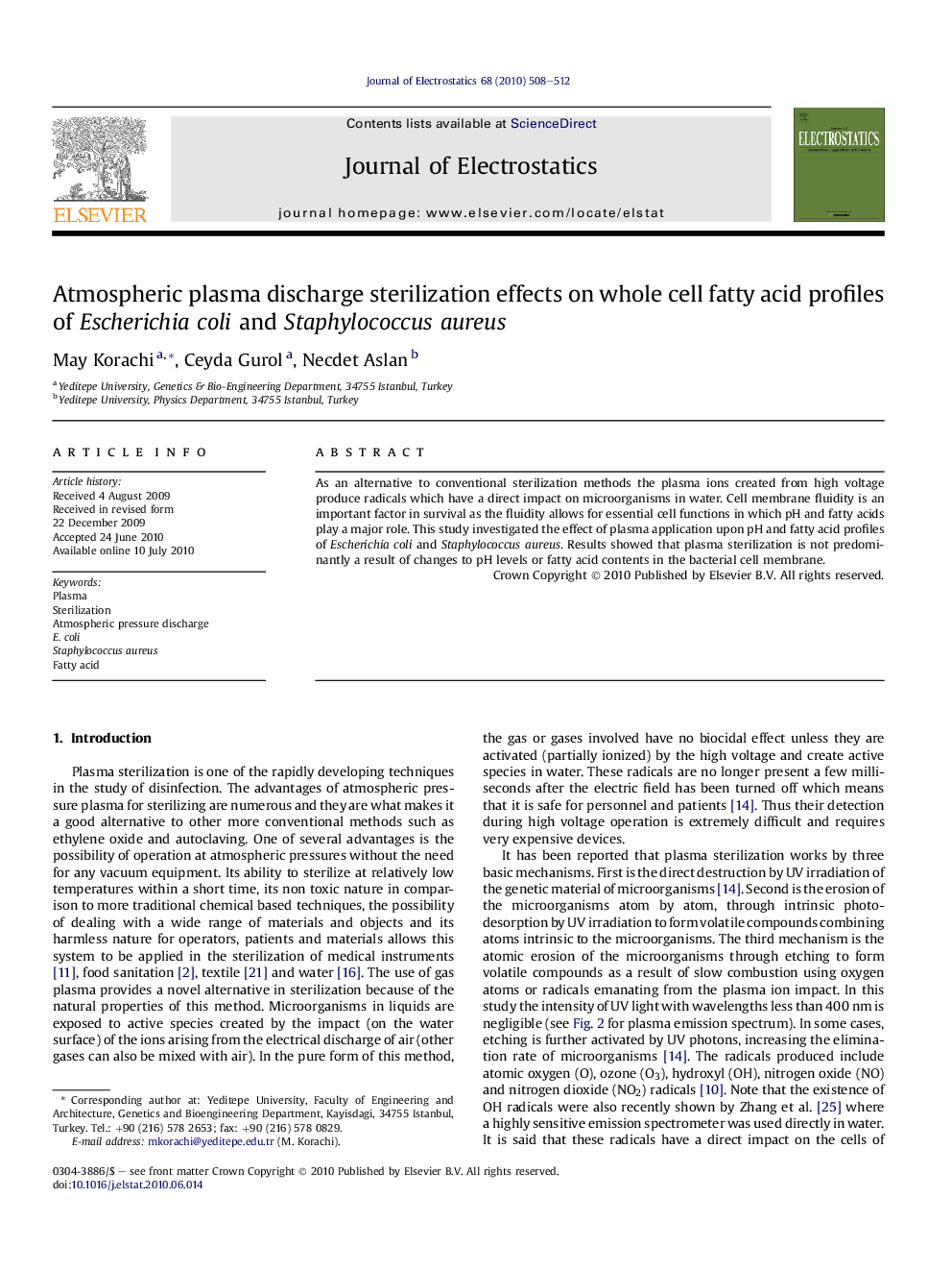 Atmospheric plasma discharge sterilization effects on whole cell fatty acid profiles of Escherichia coli and Staphylococcus aureus