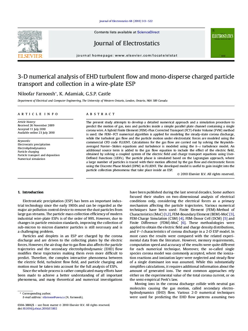 3-D numerical analysis of EHD turbulent flow and mono-disperse charged particle transport and collection in a wire-plate ESP