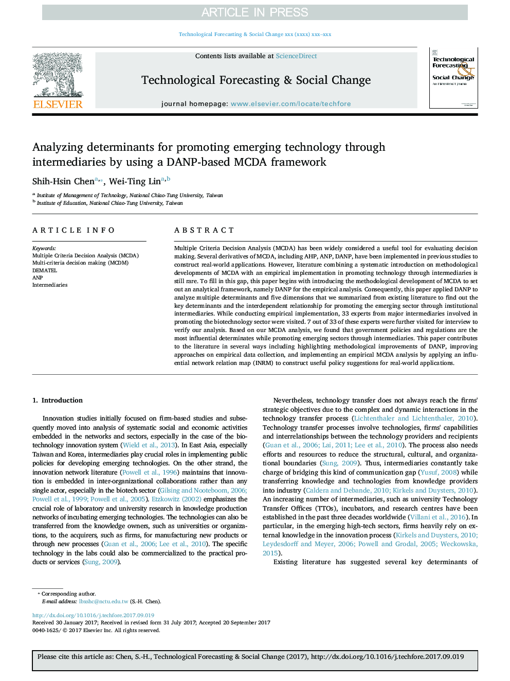 Analyzing determinants for promoting emerging technology through intermediaries by using a DANP-based MCDA framework