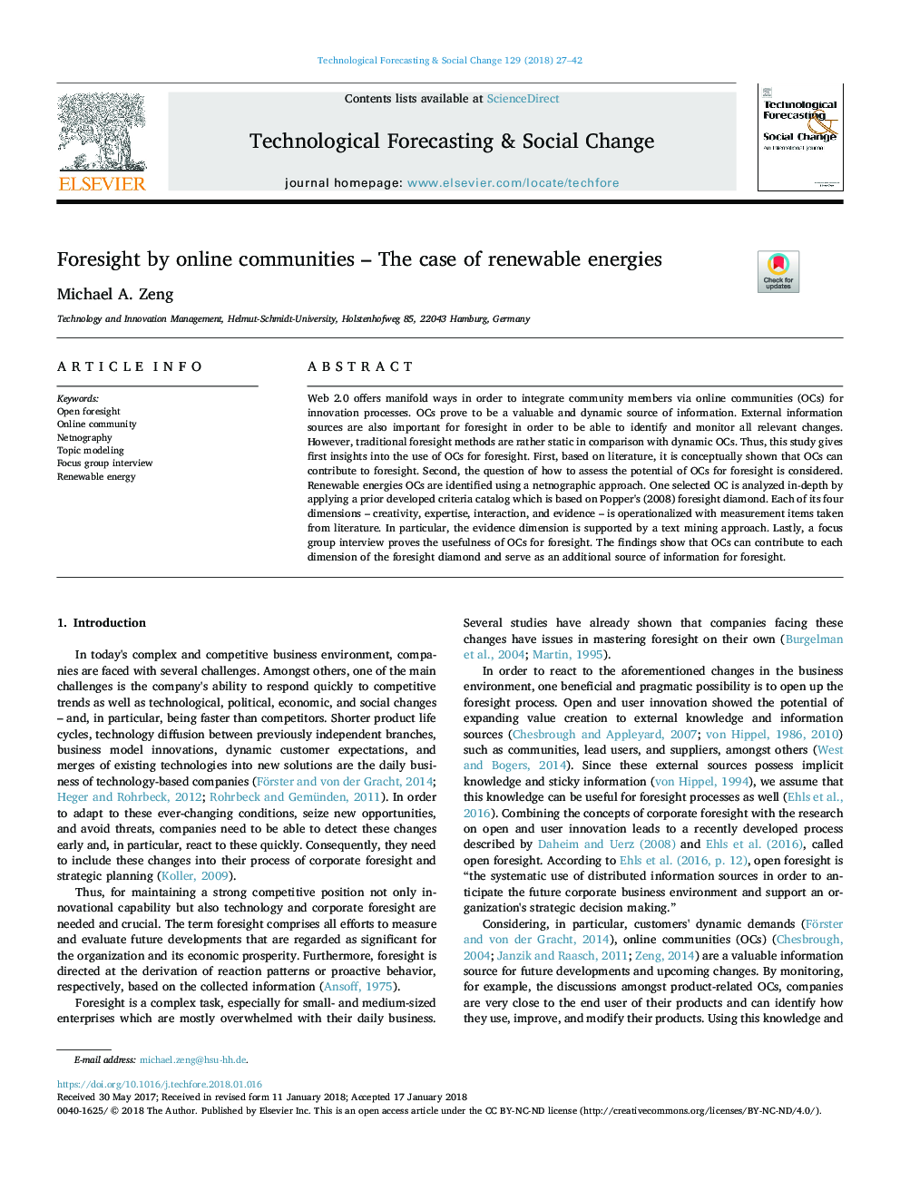 Foresight by online communities - The case of renewable energies