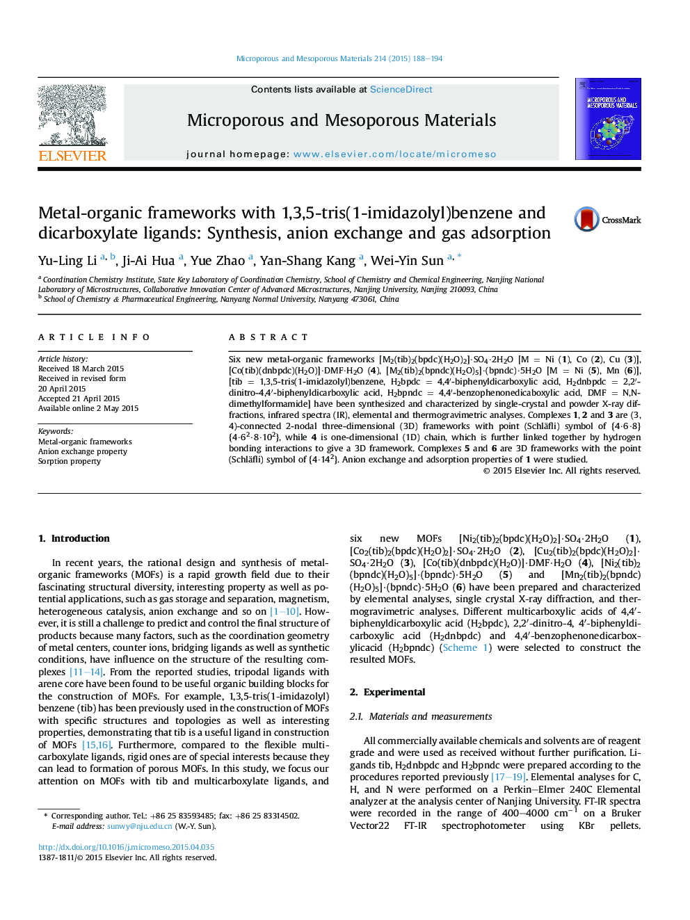 Metal-organic frameworks with 1,3,5-tris(1-imidazolyl)benzene and dicarboxylate ligands: Synthesis, anion exchange and gas adsorption