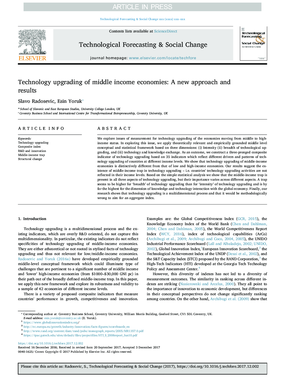 Technology upgrading of middle income economies: A new approach and results