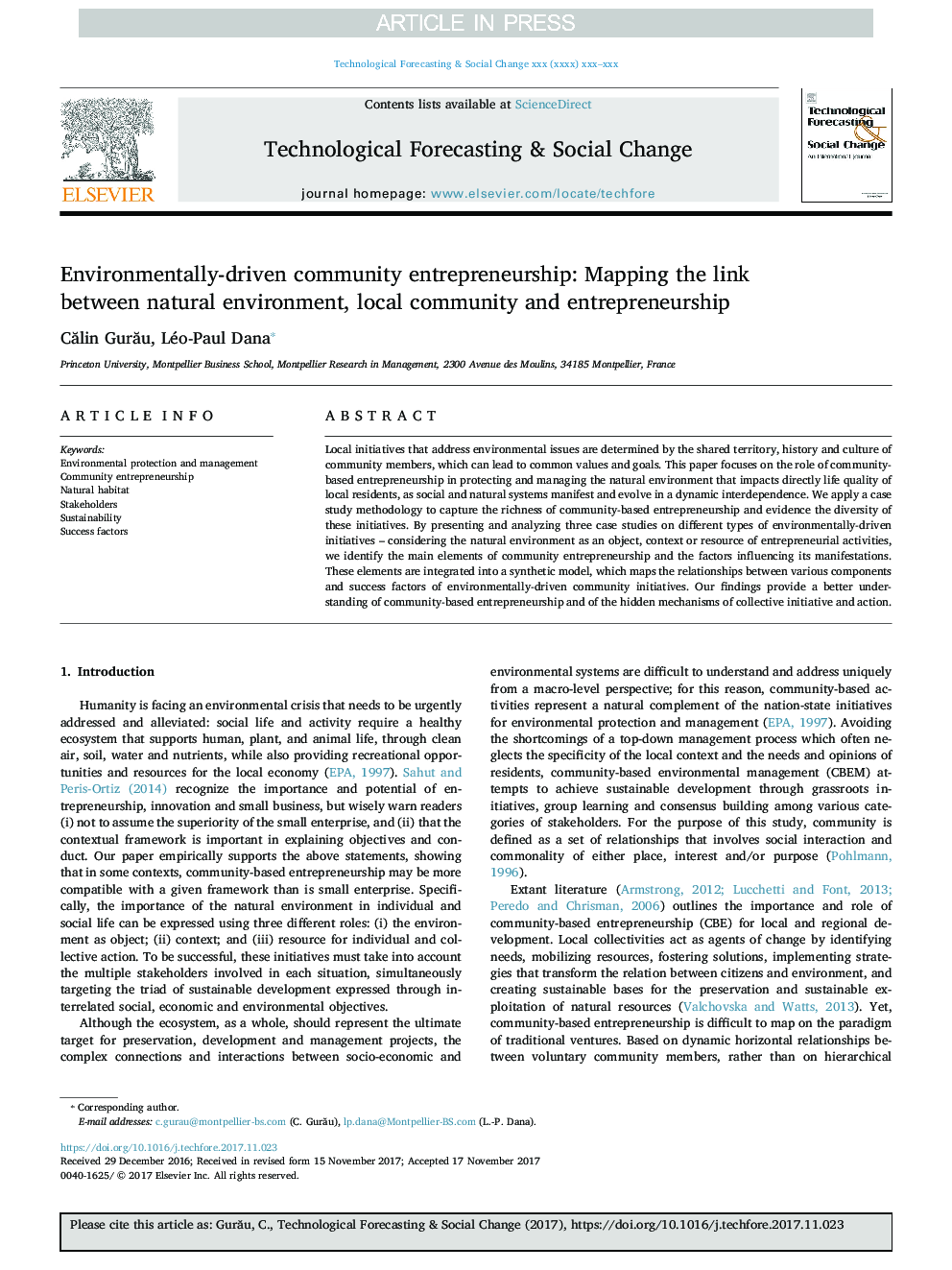 Environmentally-driven community entrepreneurship: Mapping the link between natural environment, local community and entrepreneurship