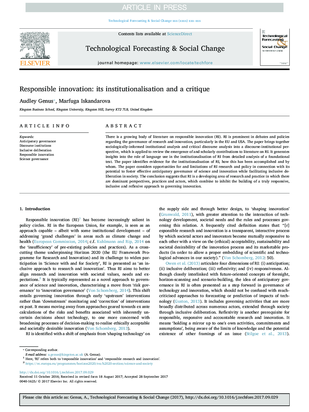 Responsible innovation: its institutionalisation and a critique