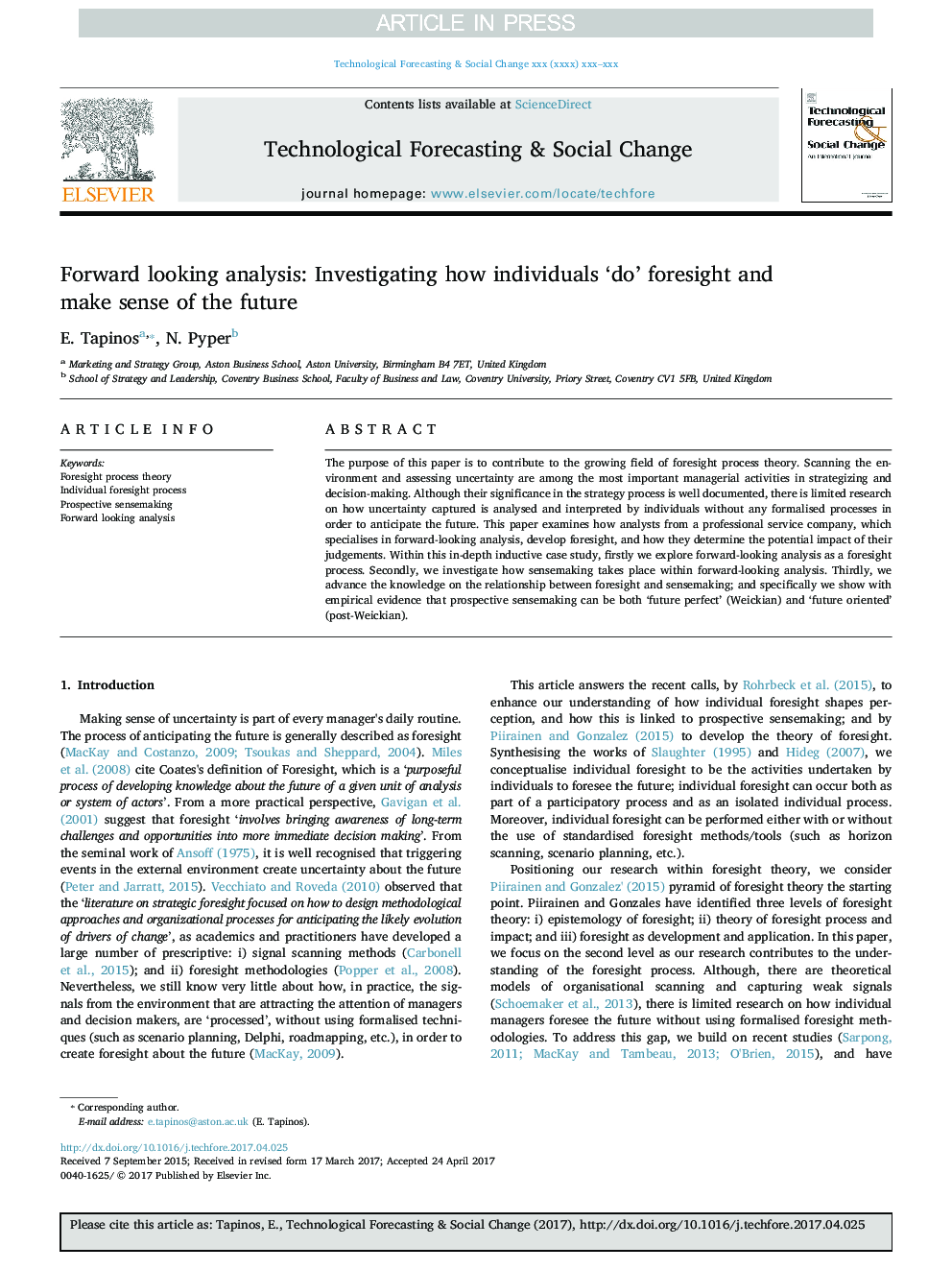 Forward looking analysis: Investigating how individuals 'do' foresight and make sense of the future