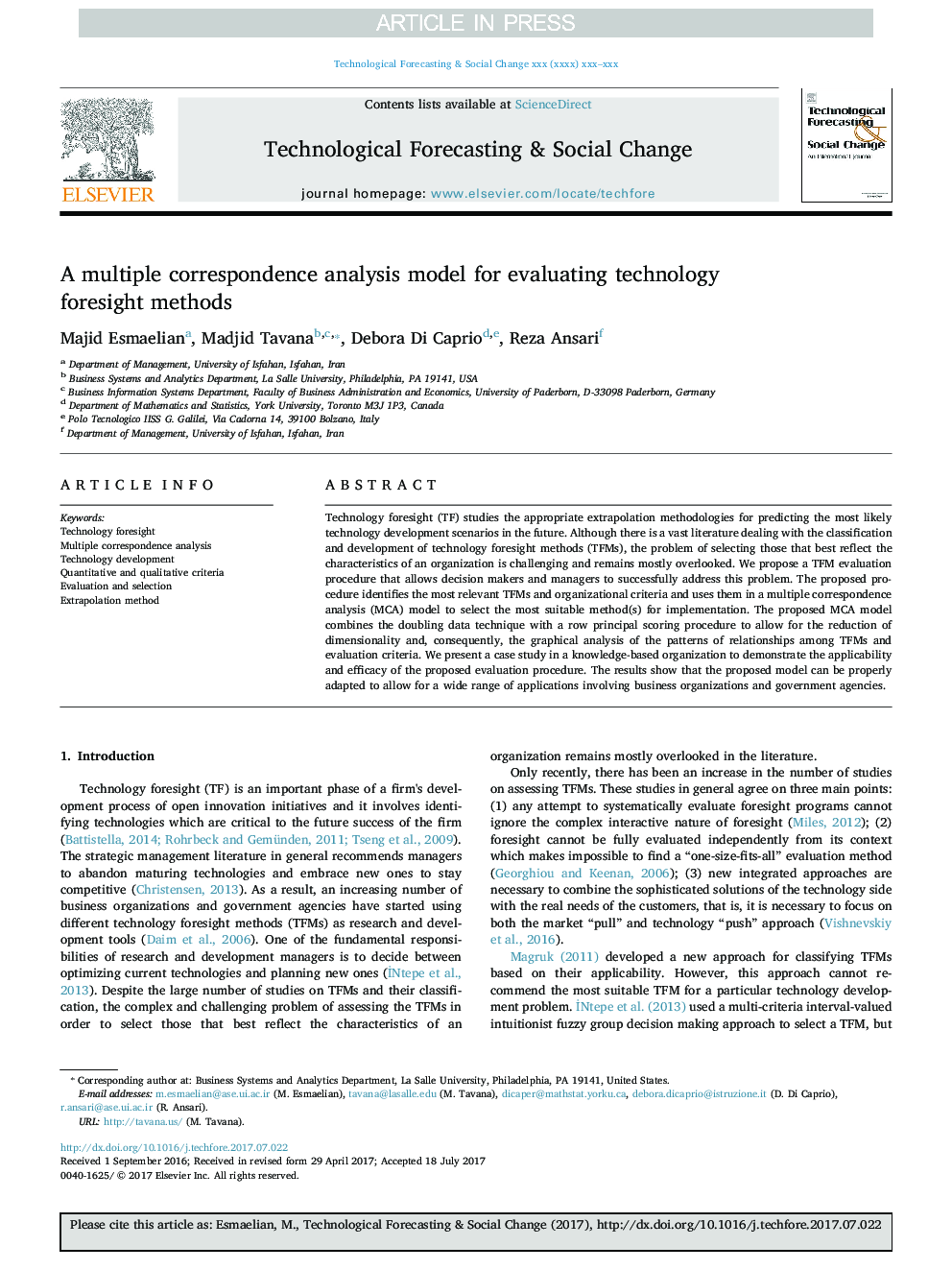 A multiple correspondence analysis model for evaluating technology foresight methods