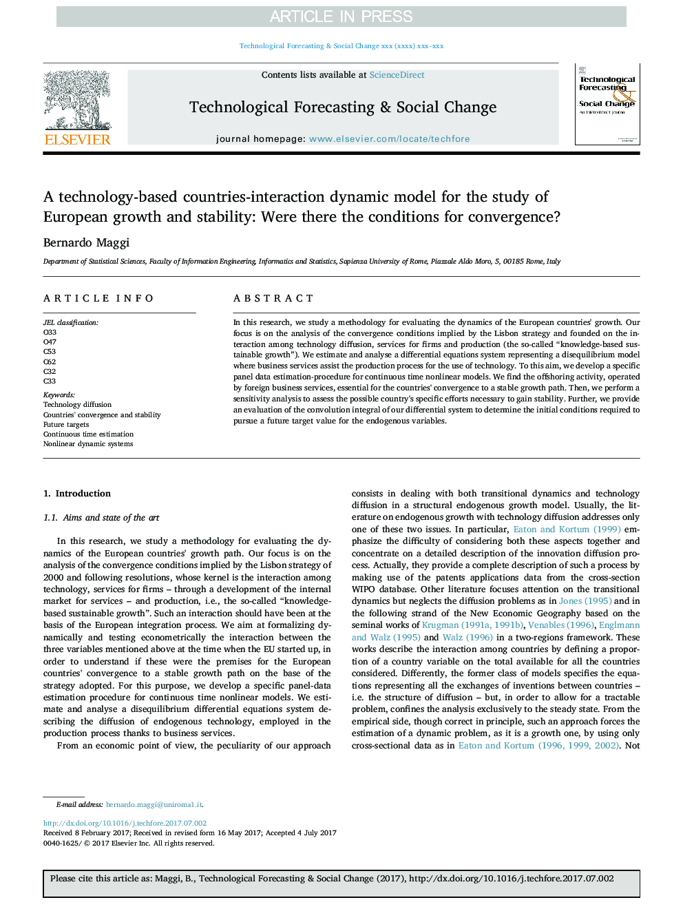 A technology-based countries-interaction dynamic model for the study of European growth and stability: Were there the conditions for convergence?