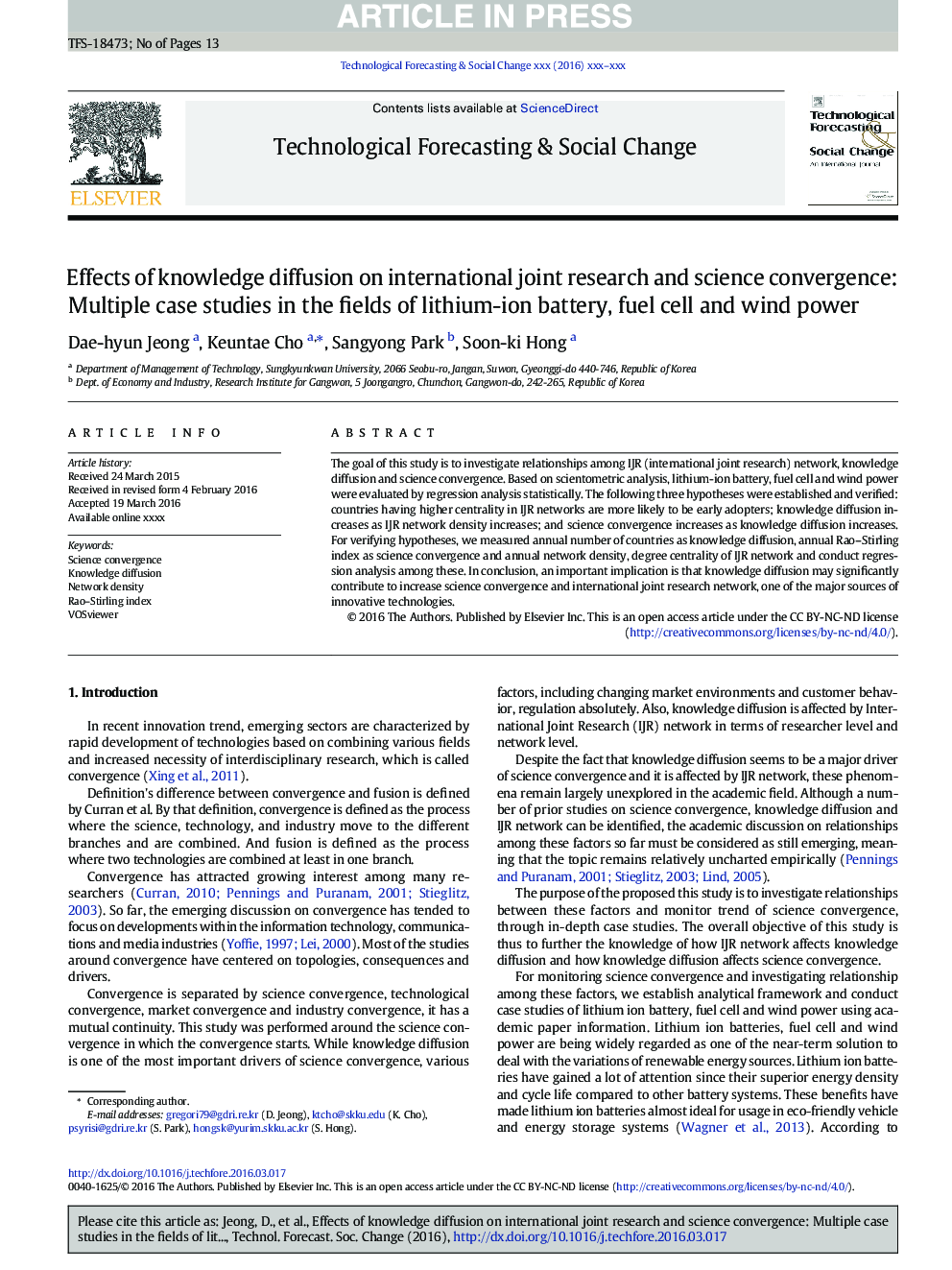 Effects of knowledge diffusion on international joint research and science convergence: Multiple case studies in the fields of lithium-ion battery, fuel cell and wind power