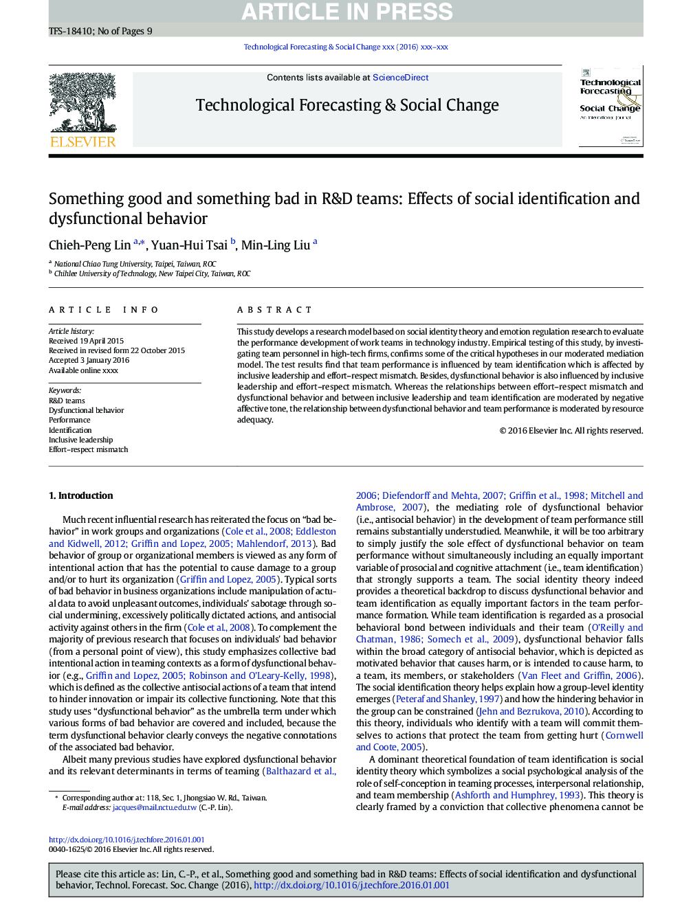 Something good and something bad in R&D teams: Effects of social identification and dysfunctional behavior