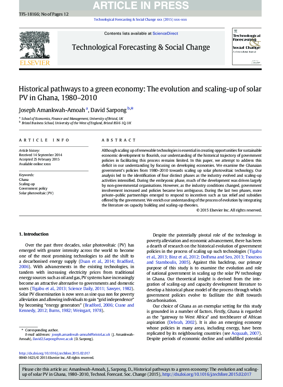 Historical pathways to a green economy: The evolution and scaling-up of solar PV in Ghana, 1980-2010