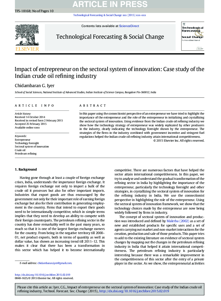 تاثیر کارآفرین بر سیستم های نوآورانه نوآوری: مطالعه موردی صنعت پالایش نفت خام هند 