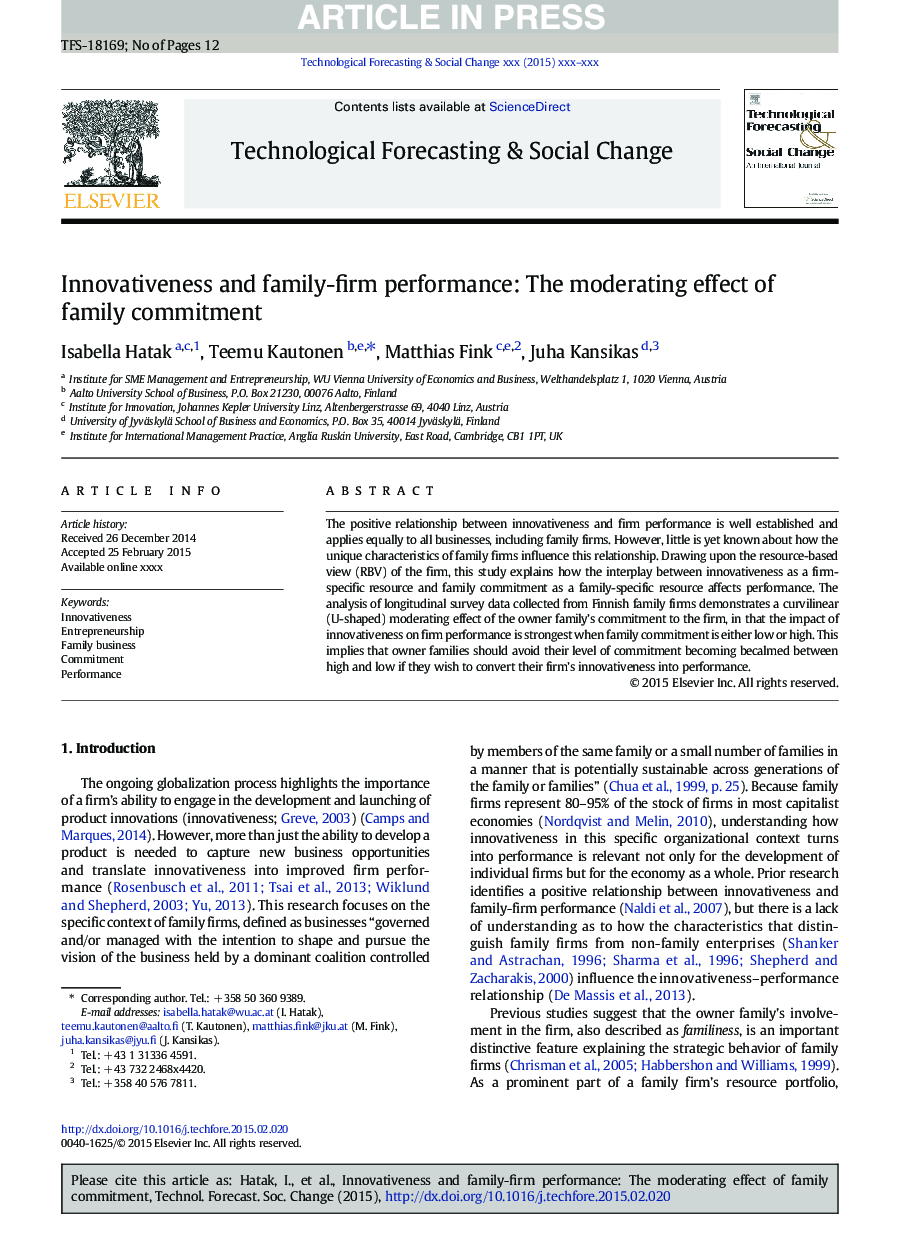 Innovativeness and family-firm performance: The moderating effect of family commitment