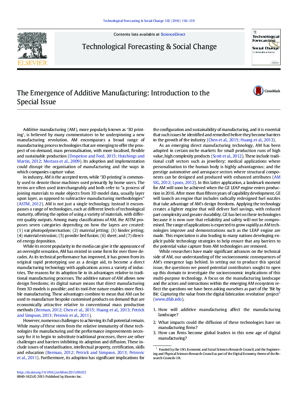 The Emergence of Additive Manufacturing: Introduction to the Special Issue