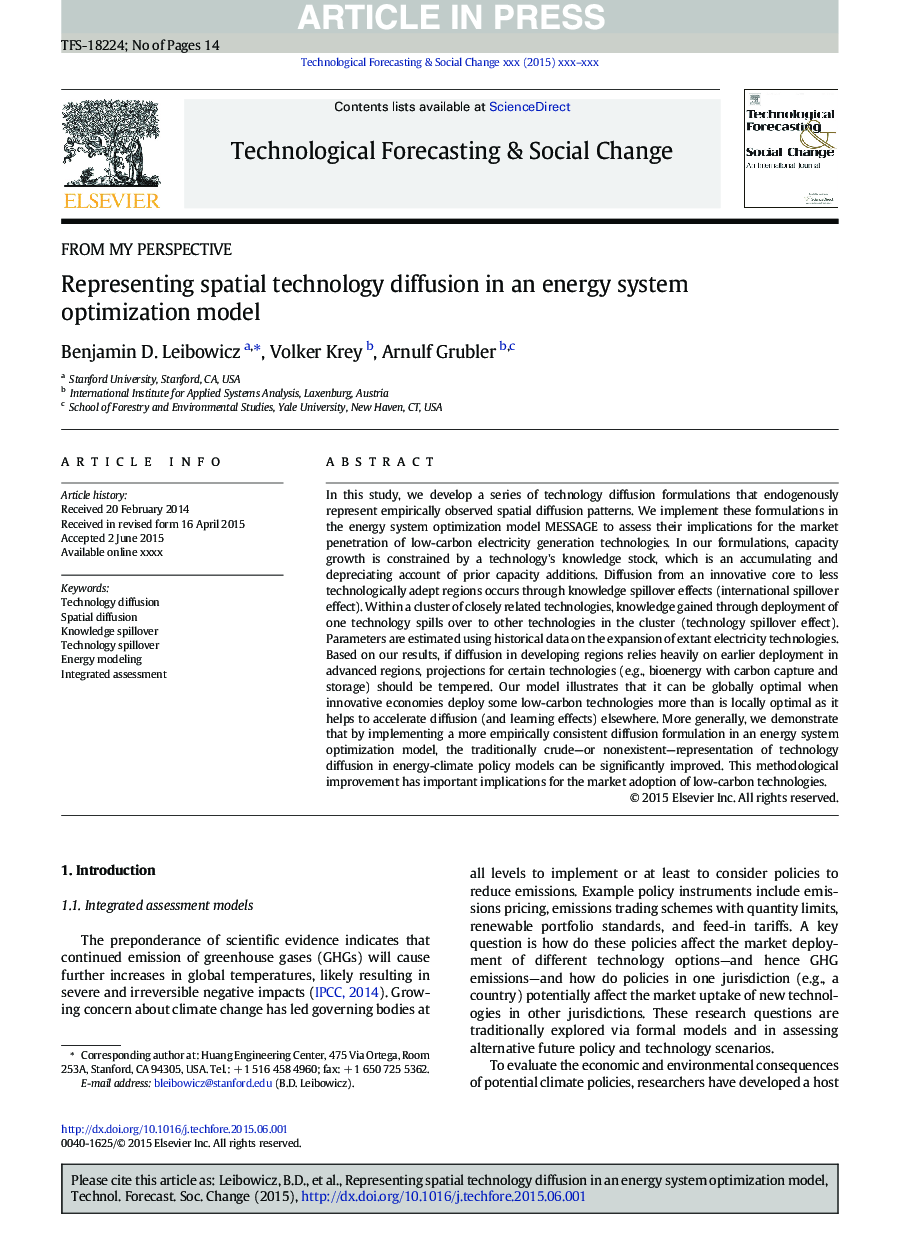 Representing spatial technology diffusion in an energy system optimization model