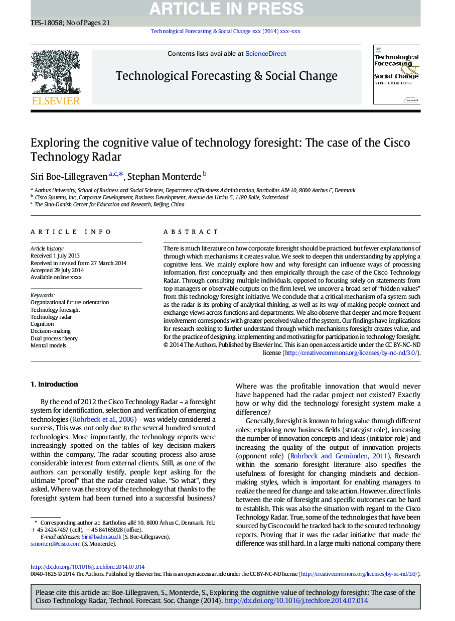 بررسی ارزش شناختی پیش بینی فناوری: مورد از رادار فناوری سیسکو 