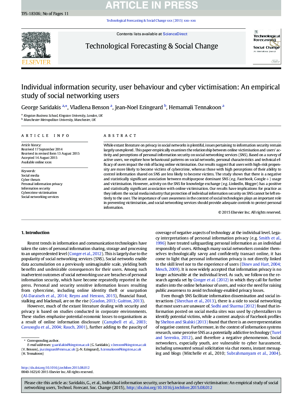 امنیت اطلاعات فردی، رفتار کاربر و قربانی سازی سایبری: مطالعه تجربی از کاربران شبکه های اجتماعی 