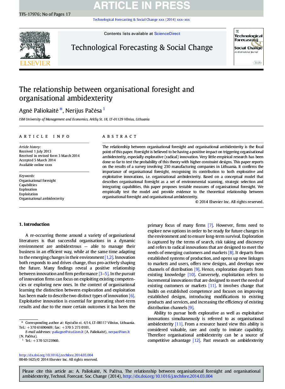 The relationship between organisational foresight and organisational ambidexterity