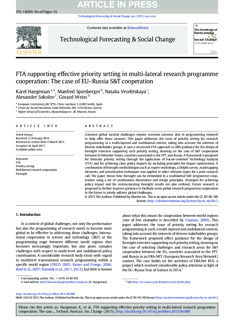 FTA supporting effective priority setting in multi-lateral research programme cooperation: The case of EU-Russia S&T cooperation