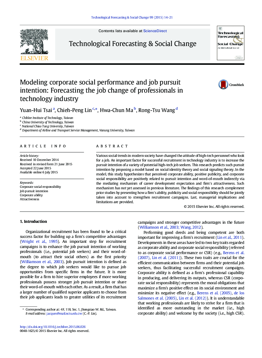 Modeling corporate social performance and job pursuit intention: Forecasting the job change of professionals in technology industry