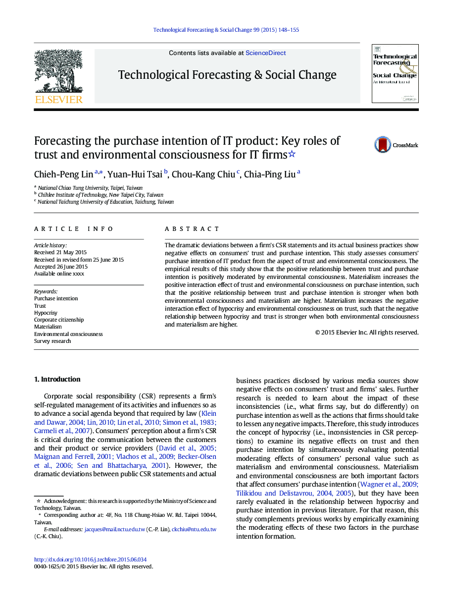 Forecasting the purchase intention of IT product: Key roles of trust and environmental consciousness for IT firms