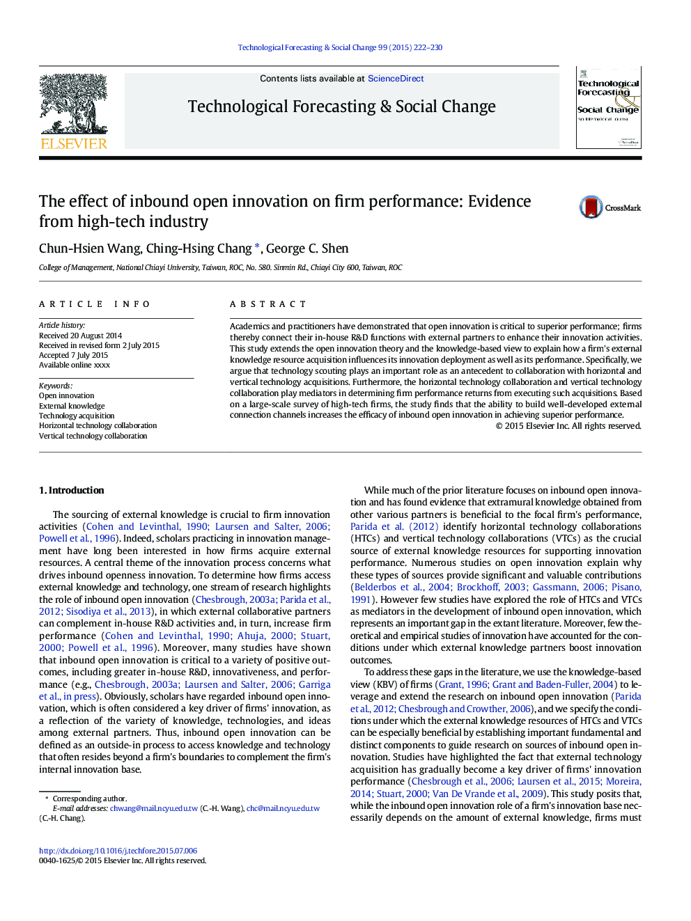 The effect of inbound open innovation on firm performance: Evidence from high-tech industry