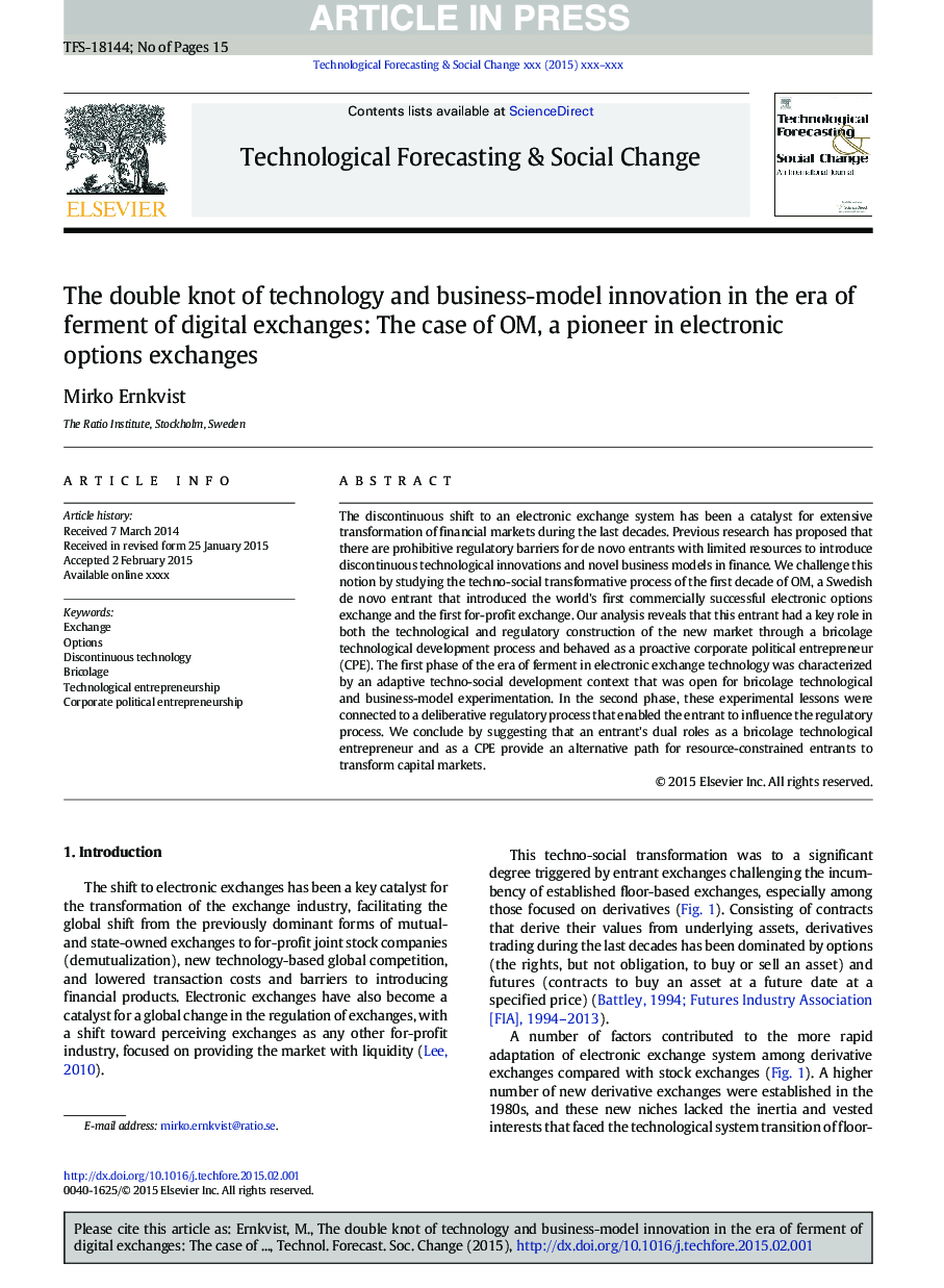 The double knot of technology and business-model innovation in the era of ferment of digital exchanges: The case of OM, a pioneer in electronic options exchanges