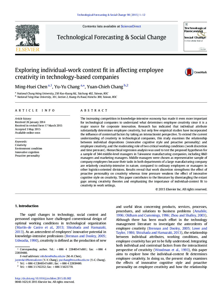 Exploring individual-work context fit in affecting employee creativity in technology-based companies