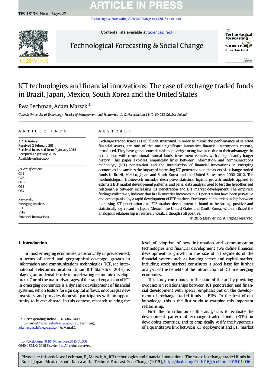 فن آوری های فناوری اطلاعات و فن آوری و نوآوری های مالی: مورد مبادلات معامله شده در بورس در برزیل، ژاپن، مکزیک، کره جنوبی و ایالات متحده 