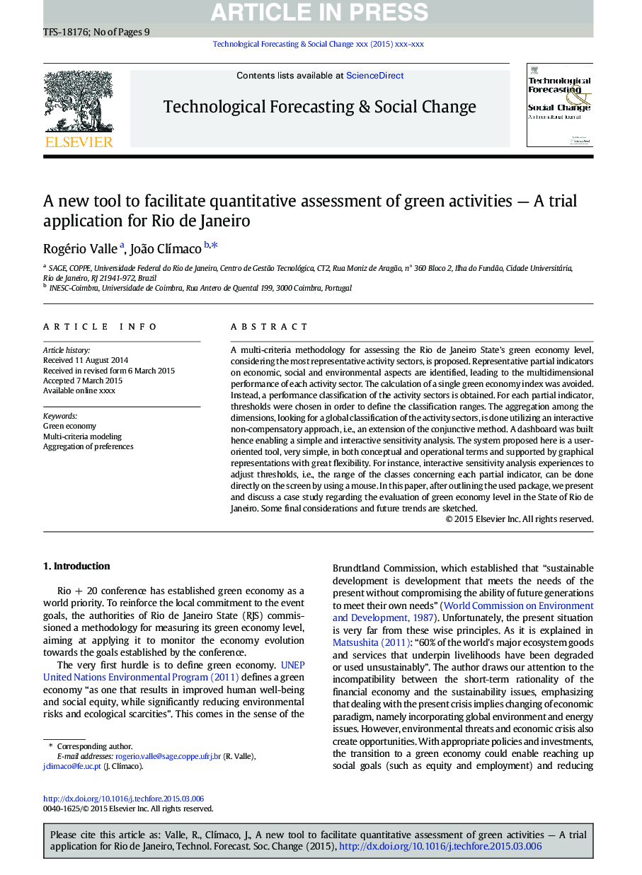 یک ابزار جدید برای تسهیل ارزیابی کمی از فعالیت های سبز - یک برنامه آزمایشی برای ریو دو ژانیرو 