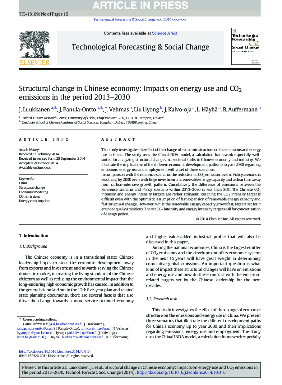 Structural change in Chinese economy: Impacts on energy use and CO2 emissions in the period 2013-2030