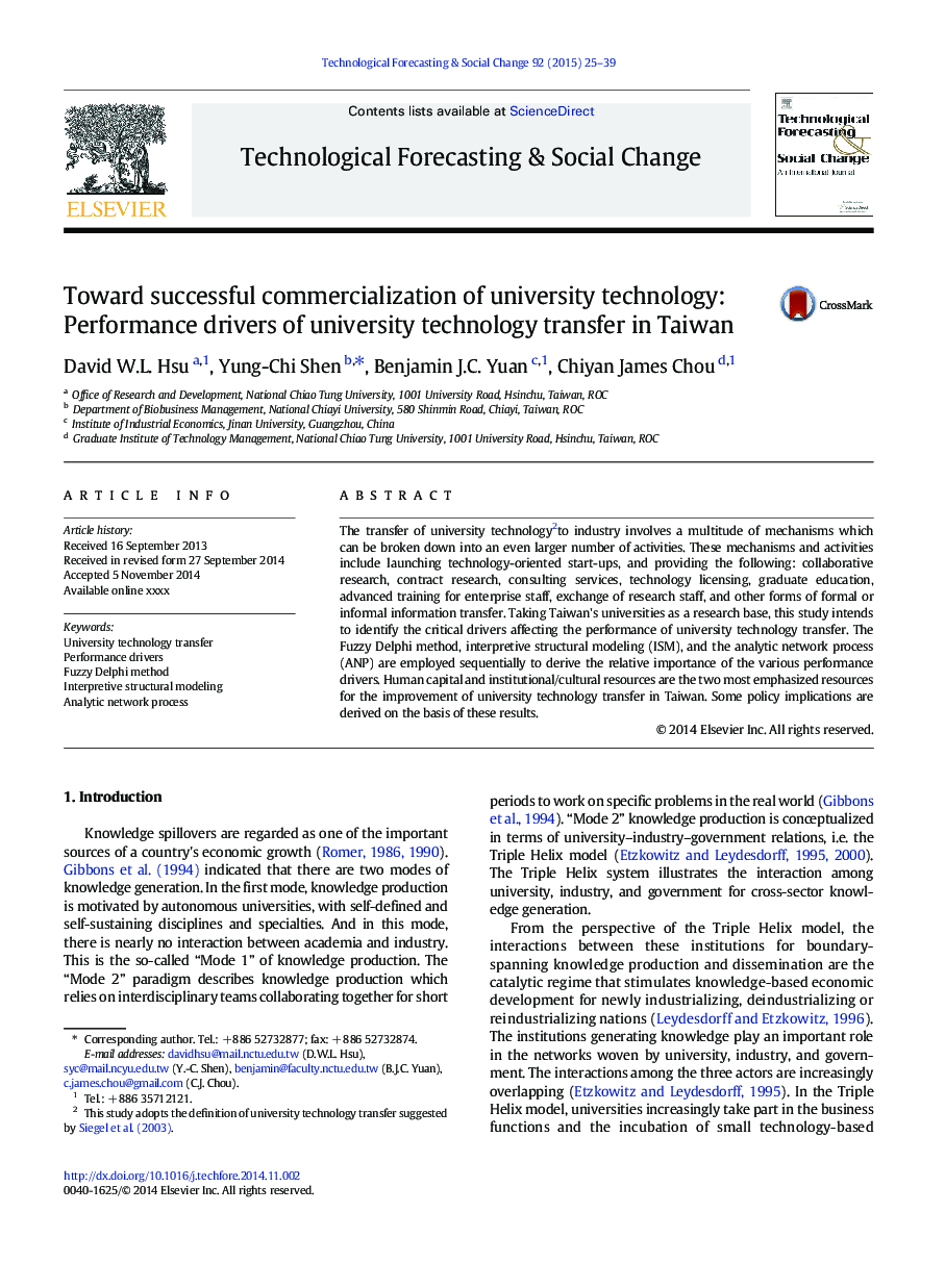 Toward successful commercialization of university technology: Performance drivers of university technology transfer in Taiwan