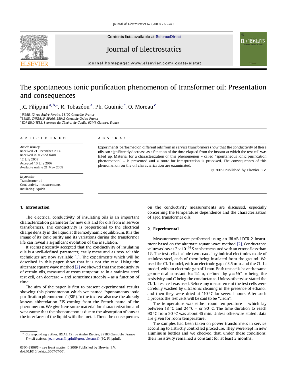 The spontaneous ionic purification phenomenon of transformer oil: Presentation and consequences