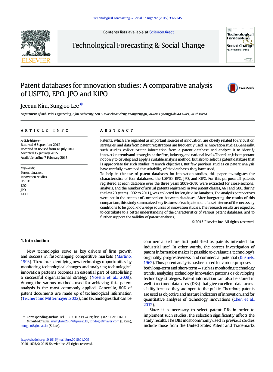 Patent databases for innovation studies: A comparative analysis of USPTO, EPO, JPO and KIPO