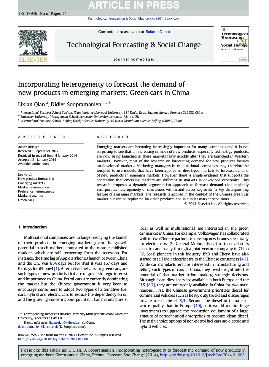 شامل ناهمگونی برای پیش بینی تقاضای محصولات جدید در بازارهای نوظهور: اتومبیل های سبز در چین 
