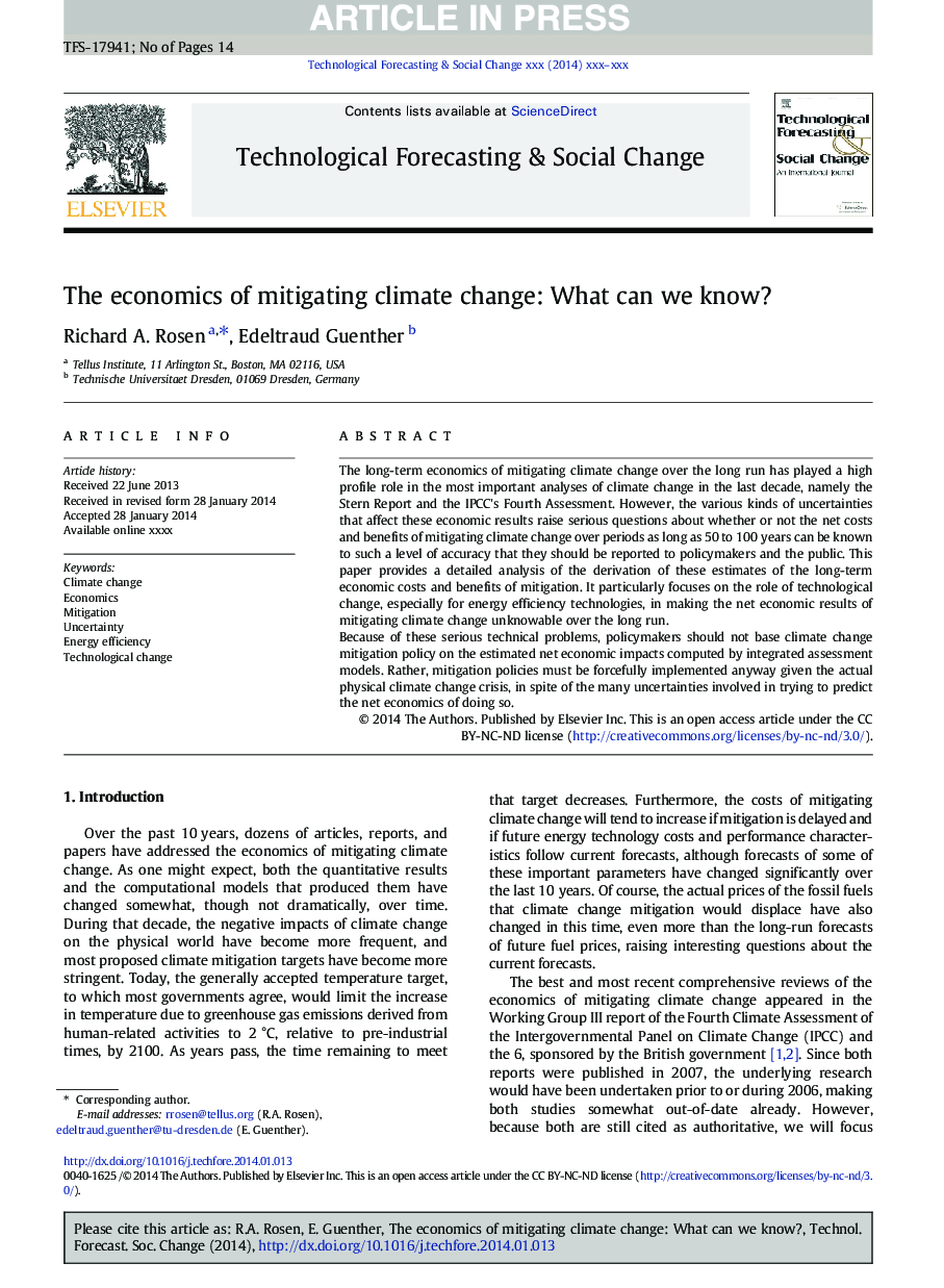 The economics of mitigating climate change: What can we know?