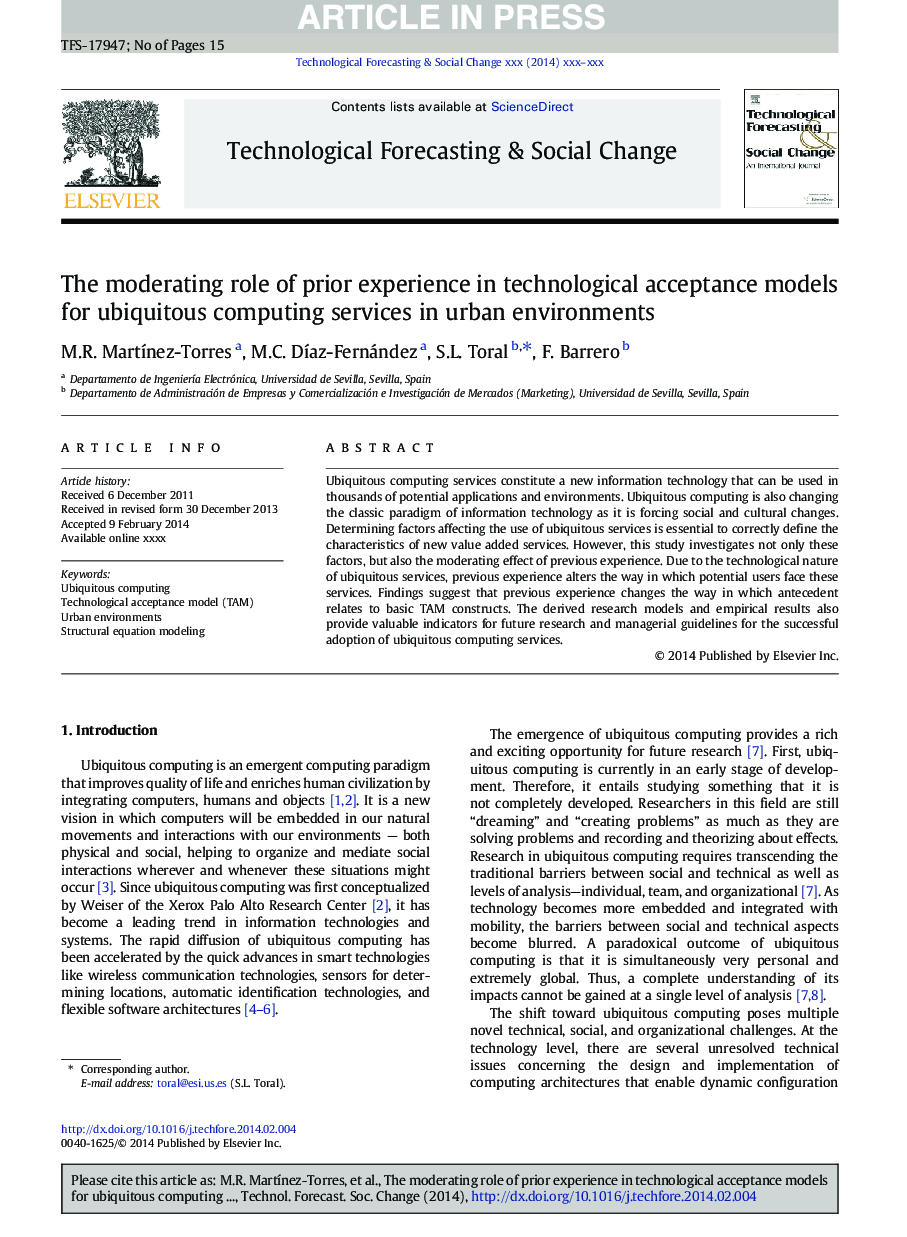 نقش تعدیل کننده تجربه قبلی در مدل های پذیرش تکنولوژی برای خدمات محاسباتی فراگیر در محیط های شهری 