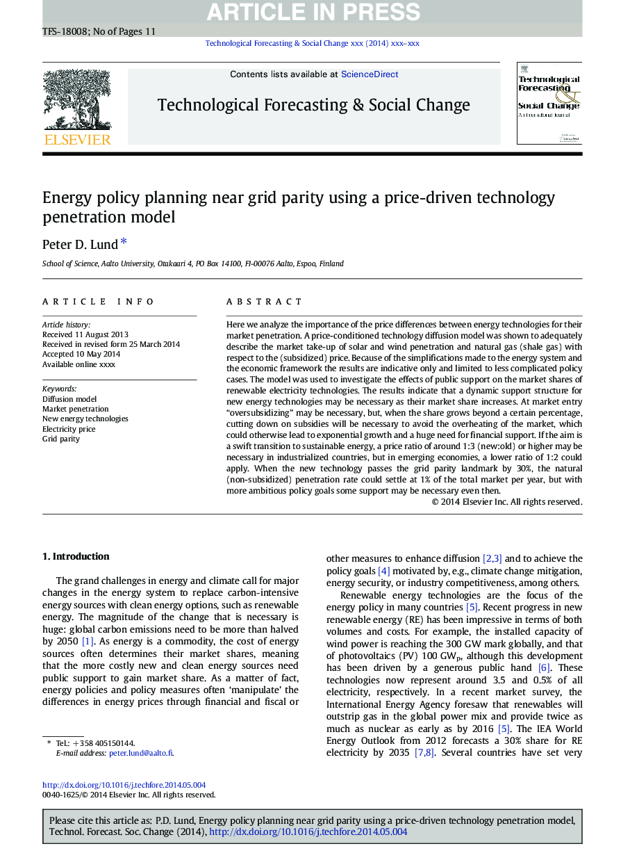 Energy policy planning near grid parity using a price-driven technology penetration model