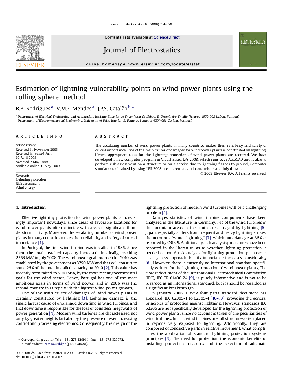 Estimation of lightning vulnerability points on wind power plants using the rolling sphere method