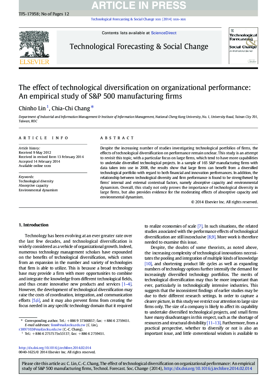 The effect of technological diversification on organizational performance: An empirical study of S&P 500 manufacturing firms