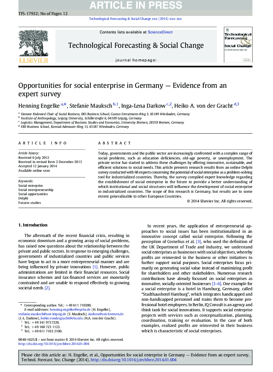 Opportunities for social enterprise in Germany - Evidence from an expert survey