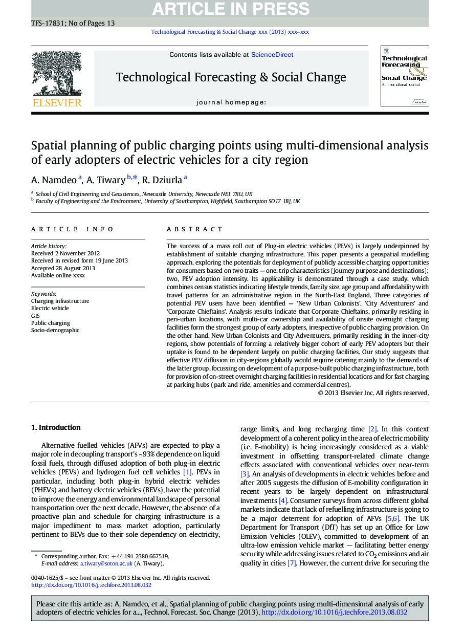 Spatial planning of public charging points using multi-dimensional analysis of early adopters of electric vehicles for a city region