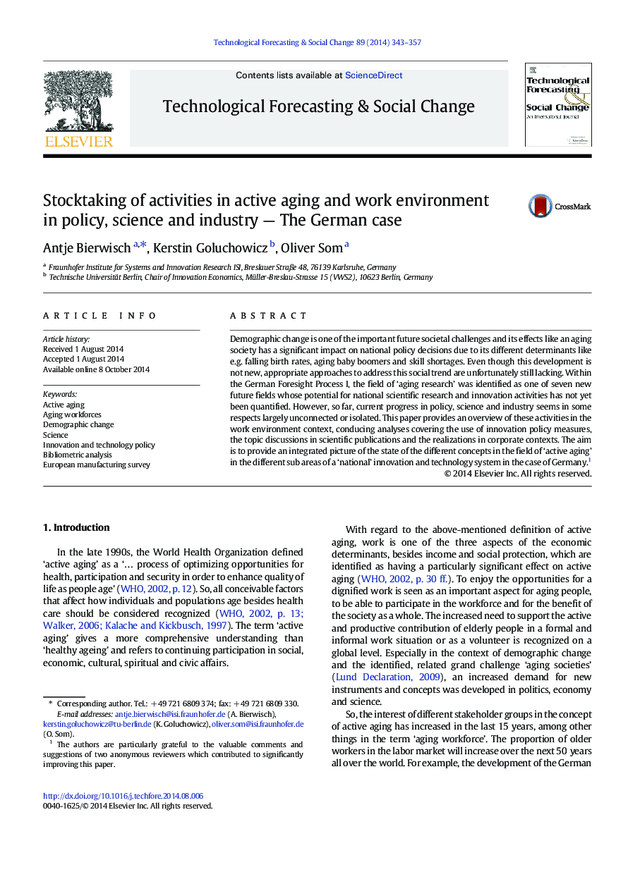 Stocktaking of activities in active aging and work environment in policy, science and industry - The German case