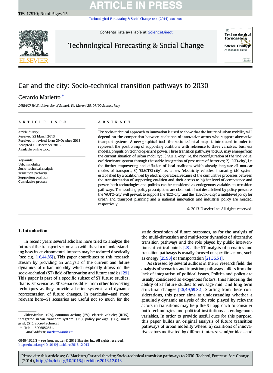 Car and the city: Socio-technical transition pathways to 2030