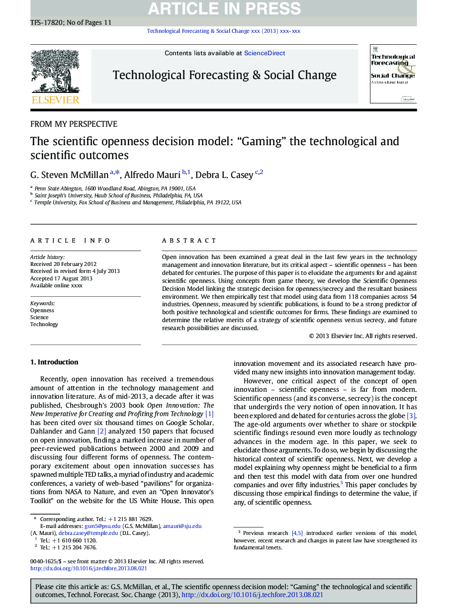 The scientific openness decision model: “Gaming” the technological and scientific outcomes