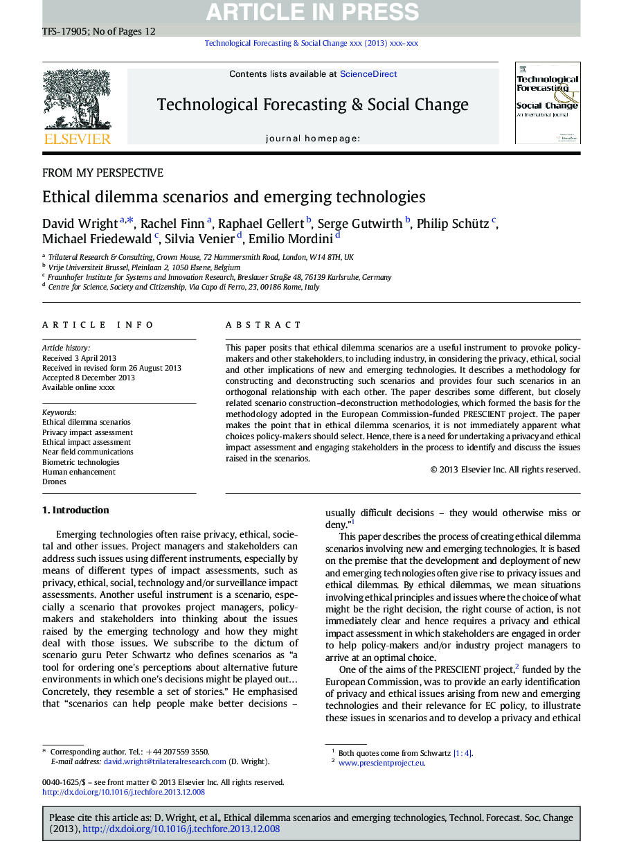 Ethical dilemma scenarios and emerging technologies