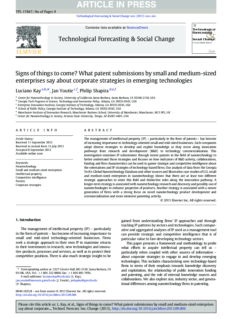 Signs of things to come? What patent submissions by small and medium-sized enterprises say about corporate strategies in emerging technologies