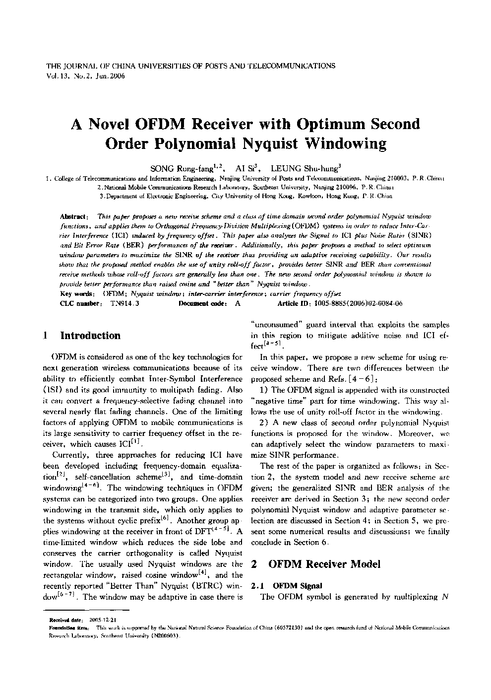 A Novel OFDM Receiver with Optimum Second Order Polynomial Nyquist Windowing