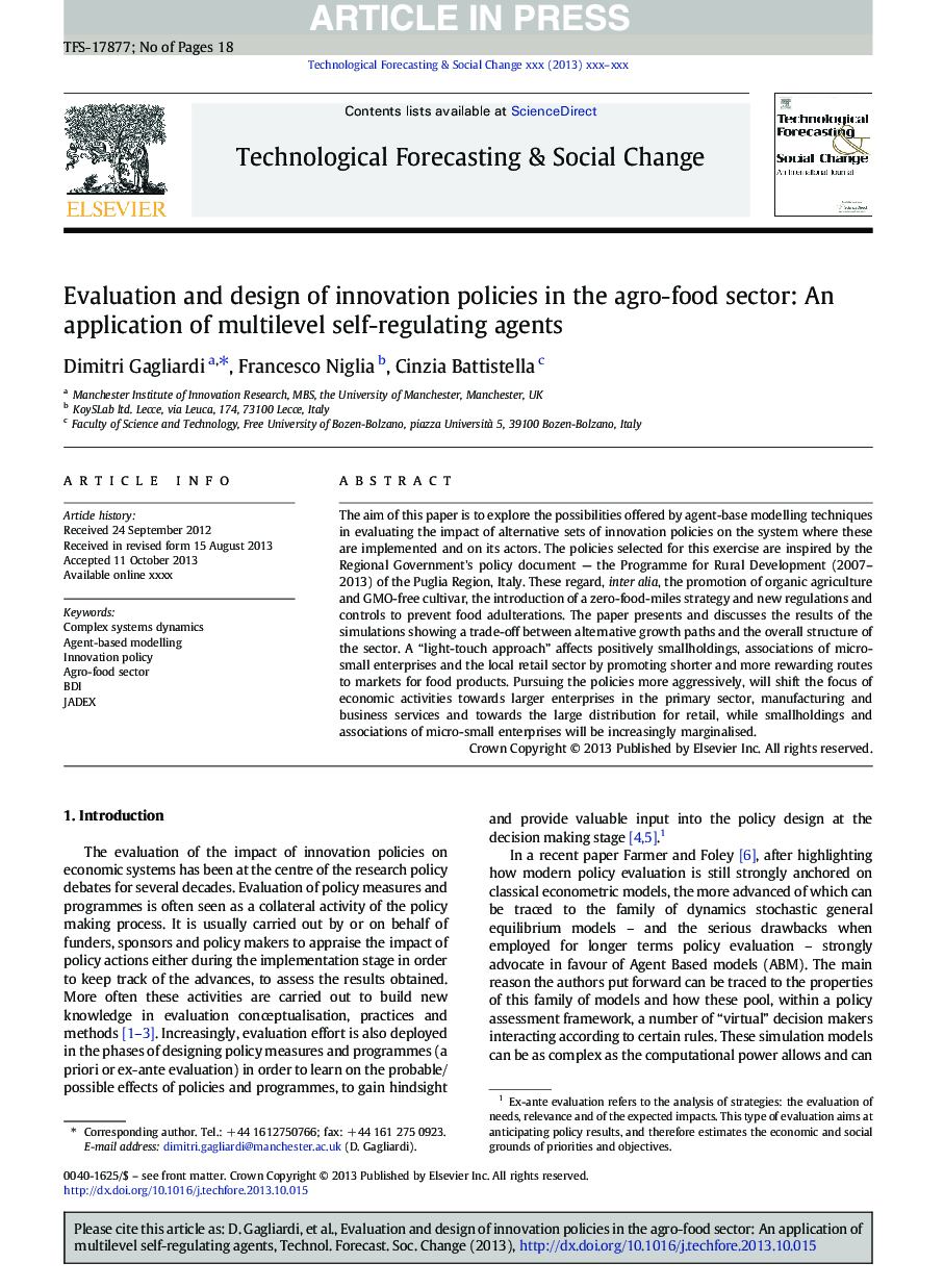 Evaluation and design of innovation policies in the agro-food sector: An application of multilevel self-regulating agents