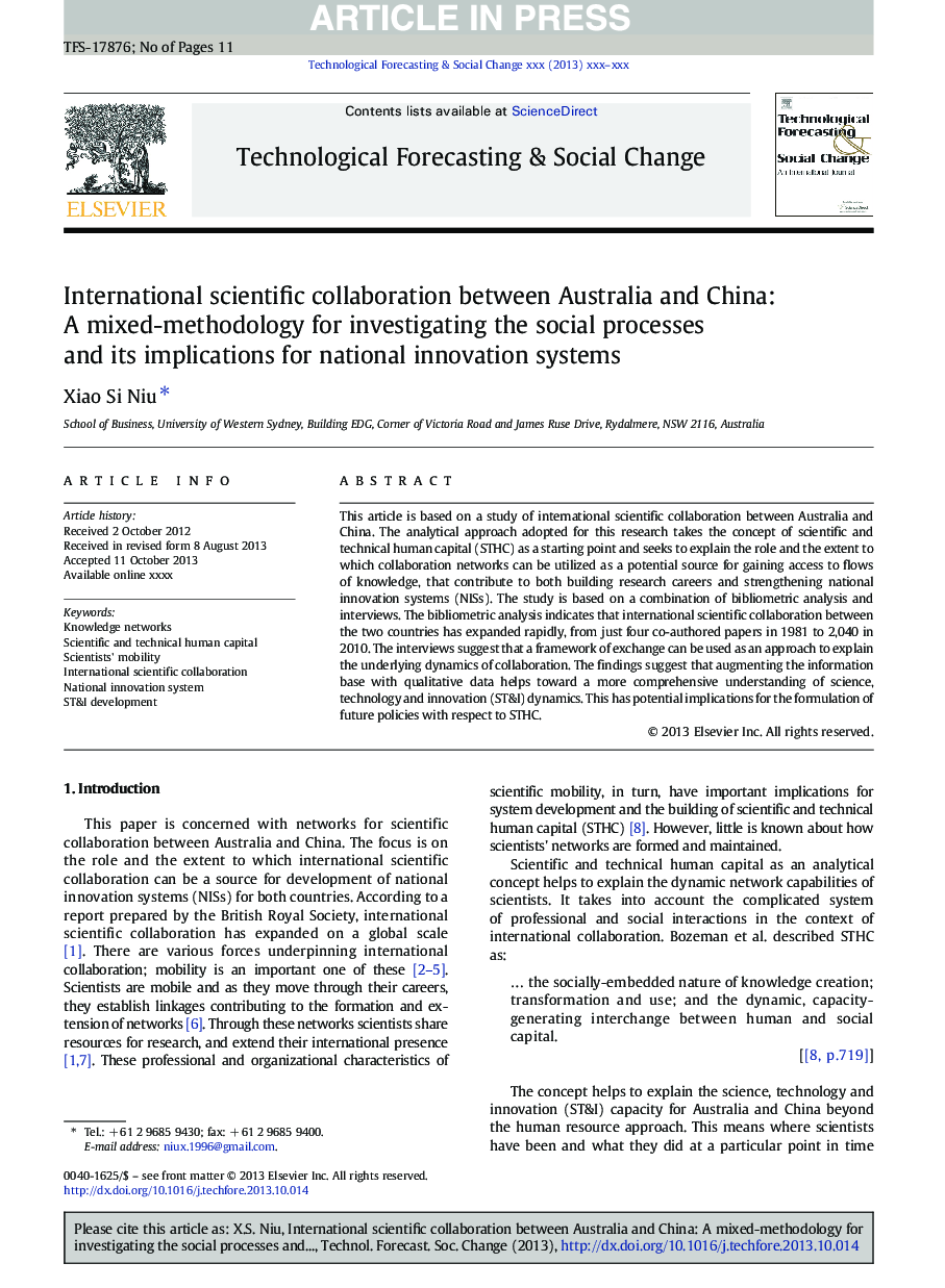 International scientific collaboration between Australia and China: A mixed-methodology for investigating the social processes and its implications for national innovation systems