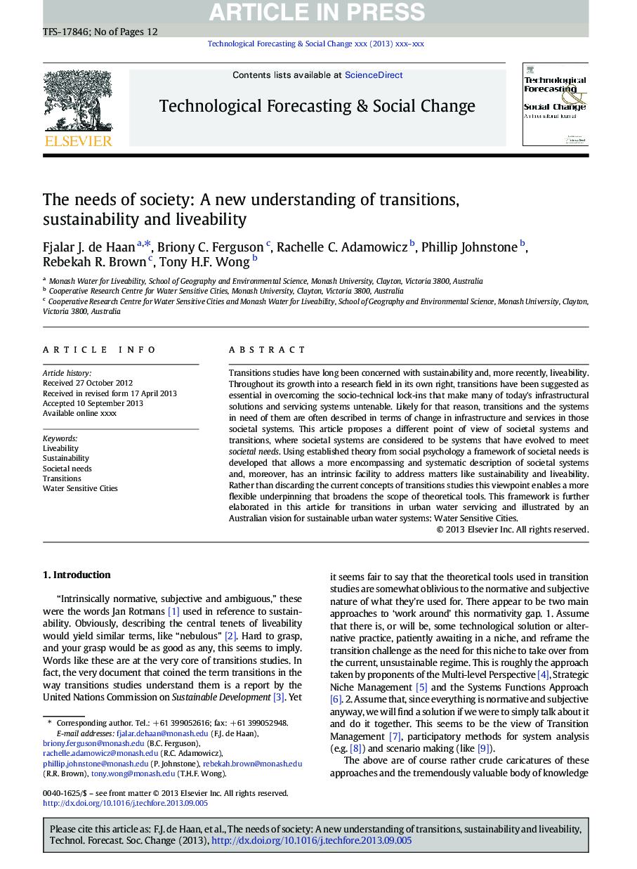 The needs of society: A new understanding of transitions, sustainability and liveability